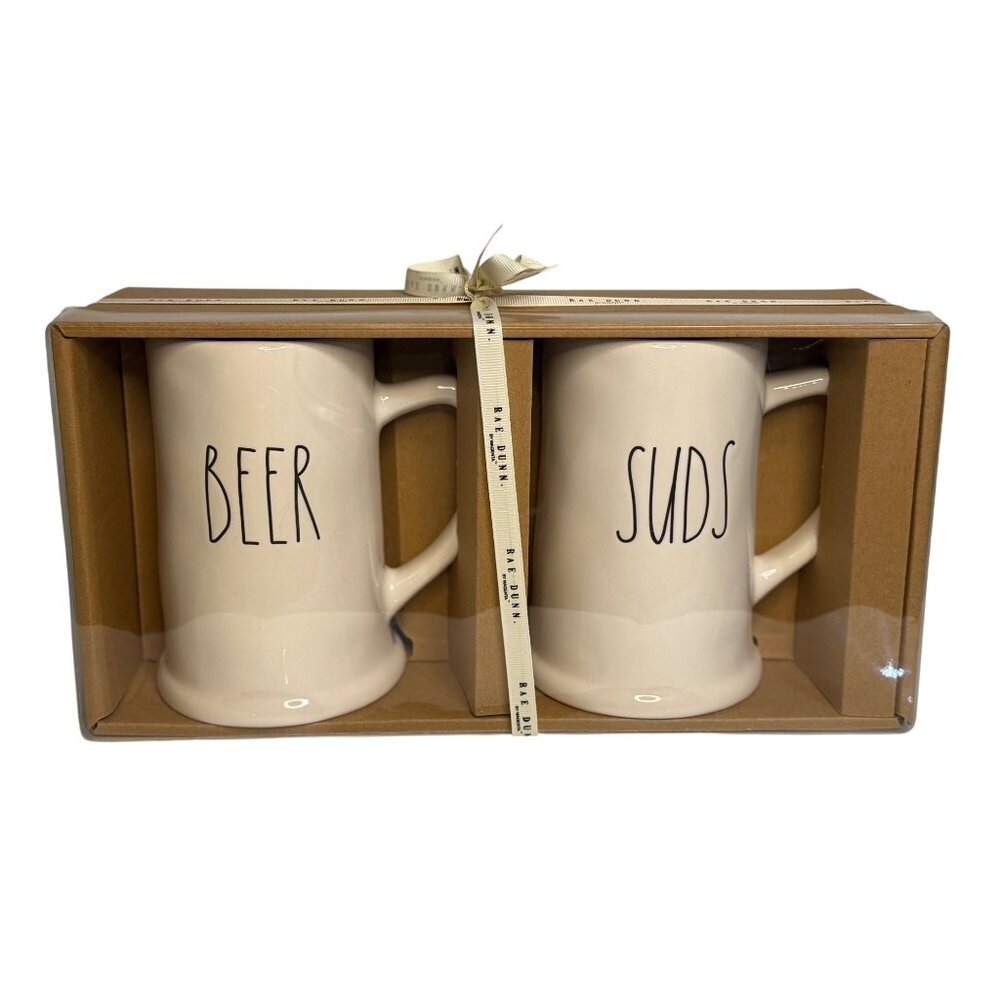 NIB Rae Dunn “BEER” & “SUDS” Steins‎ Pint Size Mugs Gift Set 6" Holiday Man Cave